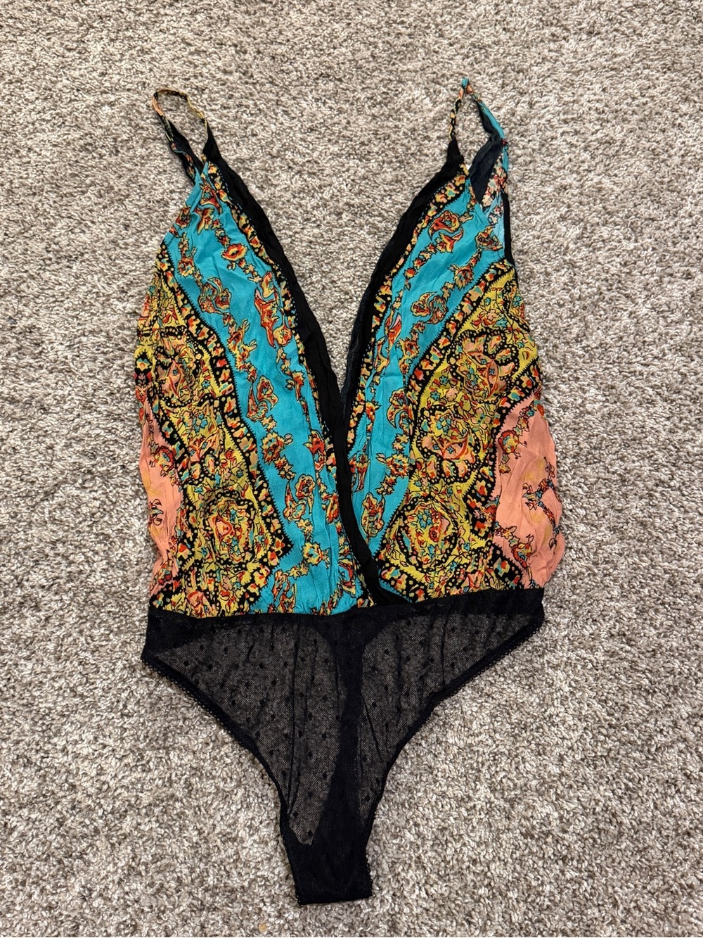 Free People Paisley Lace-Trim Bodysuit in Teal & Peach
